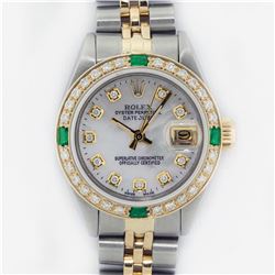 Rolex Ladies 2 Tone Yellow Gold MOP Diamond & Emerald Datejust Wristwatch