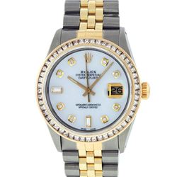 Rolex Mens 2 Tone 14K MOP Princess Cut Diamond Datejust Wristwatch With Rolex Bo