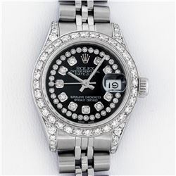 Rolex Ladies Stainless Steel 26MM Black Diamond Lugs Datejust Wristwatch
