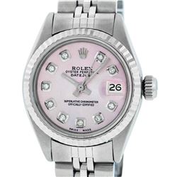 Rolex Ladies Stainless Steel Pink Diamond Gold Bezel Datejust Wristwatch