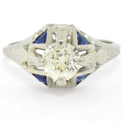 Antique Art Deco 20kt White Gold Diamond and Sapphire Engagement Ring