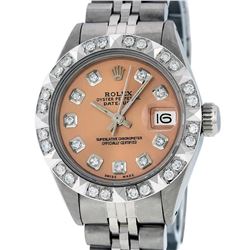 Rolex Ladies Stainless Steel Salmon 18K Gold Pyramid Bezel Diamond Datejust