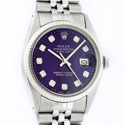 Rolex Mens Stainless Steel Purple Diamond 36MM Datejust Wristwatch With Rolex Bo