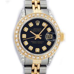 Rolex Ladies 2 Tone Yellow Gold Black Diamond Lugs Datejust Wristwatch