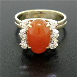 14K Two Tone Gold Oval Carnelian Solitaire Ring w/ Round Diamond Accents