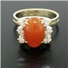 Image 1 : 14K Two Tone Gold Oval Carnelian Solitaire Ring w/ Round Diamond Accents