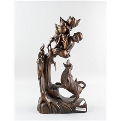 Chinese Rosewood Carved Figures Boy & Dog