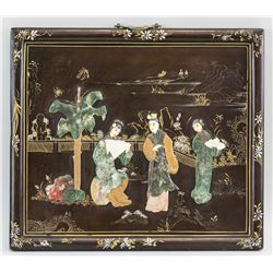 Chinese Hardstone Carved Court Scene Lacquer Panel