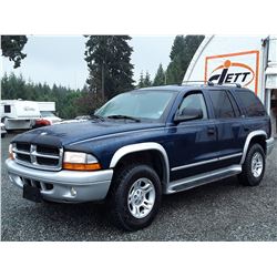 A12F --  2002 DODGE DURANGO SLT PLUS , Blue , 269823  KM's "NO RESERVE"