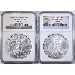 2012 & 2012-S AMERICAN SILVER EAGLES NGC MS-70