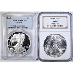 LOT OF 2 AMERICAN SILVER EAGLES: