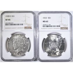 1923 MS-62 & 1928-S XF-45 NGC GRADED PEACE DOLLARS