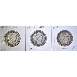 LOT OF 3 BARBER HALF DOLLARS: