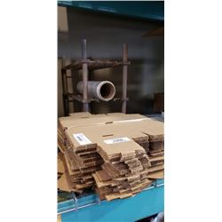 SMALL BOXES, WOOD SHELF AND ROLL OF STRETCH WRAP AND BOX OF SHIPPING FOAM