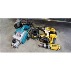 2 Dewalt 14.4v drills and charger with makita power planer