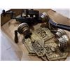 Image 2 : HAND CRANK GRINDING WHEEL, LARGE ADJUSTABLE WRENCH AND BRASS WALL SCONCES