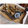 Image 3 : HAND CRANK GRINDING WHEEL, LARGE ADJUSTABLE WRENCH AND BRASS WALL SCONCES