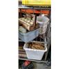 Image 1 : Bucket and two totes of Hardware Fasteners and tool belts