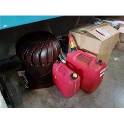 2 jerry cans and roof vent and box of tin cans sealed