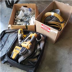 Suitcase of tools with box of PA speaker and box of clamps