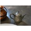 Image 3 : SMALL WALL MIRROR HAMMERED COPPER POT, AND SILVER PLATED TEAPOTS, BASKET, LIDDED DISH, ETC