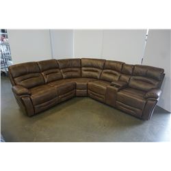 BRAND NEW BROWN AIR LEATHER CORNER RECLINING SECTIONAL W/ CONSOLE AND BRASS NAIL HEADS - RETAIL $289