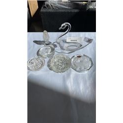 GLASS SWAN DISH, GLASS DECORATIONS AND SMALL TRAYS