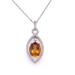 14Kt Gold 4.30Ct Oval Citrene & Natural Diamonds Pendant With 14Kt Gold Chain