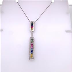 14Kt Gold Long 1.48Ct Multi Sapphire & 0.42Ct Natural Diamonds Pendant With 14Kt Gold Chain