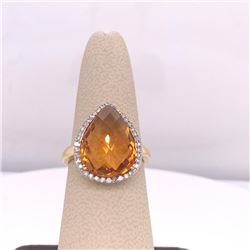14Kt Gold 7.14Ct Multi Faceted Pear Shaped Citrene & 0.19Cts Natural Diamonds Ring