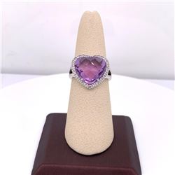 14Kt Gold 7.25Ct Multi Faceted "Heart Shape" Amethyst & 0.24Ct Natural Diamonds Ring