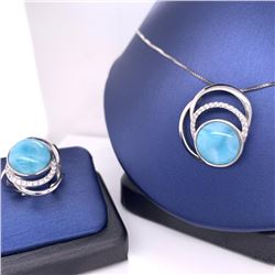 925 Sterling Silver Larimar & Cz. Ring & Pendant