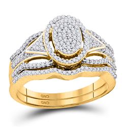 Round Diamond Oval Cluster Bridal Wedding Ring Band Set 3/8 Cttw 10kt Yellow Gold - REF-35F5W