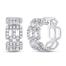 Womens Baguette Diamond Link Huggie Earrings 3/4 Cttw 14kt White Gold - REF-76R5X