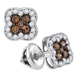 Womens Round Brown Diamond Square Cluster Earrings 1/2 Cttw 10kt White Gold - REF-18N5F