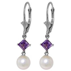 Genuine 5 ctw Pearl & Amethyst Earrings 14KT White Gold - REF-29M7T