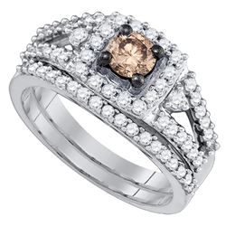 Womens Round Brown Diamond Bridal Wedding Ring Band Set 1 Cttw 14kt White Gold - REF-93R9X