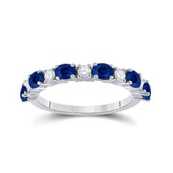 Womens Oval Blue Sapphire Diamond Alternating Band Ring 1-1/2 Cttw 10kt White Gold - REF-32M5H