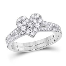 Round Diamond Heart Bridal Wedding Ring Band Set 1/2 Cttw 10kt White Gold - REF-38R9X