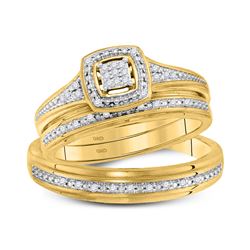 His Hers Round Diamond Cluster Matching Wedding Set 1/10 Cttw 10kt Yellow Gold - REF-37R5X