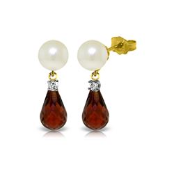 Genuine 6.6 ctw Pearl, Garnet & Diamond Earrings 14KT Yellow Gold - REF-27H6X