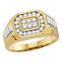 Mens Round Diamond Octagon Frame Cluster Ribbed Ring 1/2 Cttw 14kt Yellow Two-tone Gold - REF-51X9A