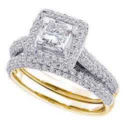 Princess Diamond Halo Bridal Wedding Ring Band Set 1-1/4 Cttw 14kt Yellow Gold - REF-129R9X