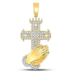 Mens Round Diamond Praying Hands Cross Charm Pendant 3/4 Cttw 10kt Yellow Gold - REF-54H5R
