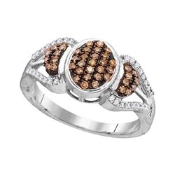 Womens Round Brown Diamond Oval Cluster Ring 1/3 Cttw 10kt White Gold - REF-20A9M