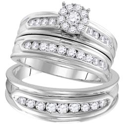 His Hers Round Diamond Cluster Matching Wedding Set 1 Cttw 14kt White Gold - REF-101R5X