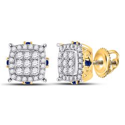 Womens Round Diamond Blue Sapphire Square Earrings 3/4 Cttw 14kt Yellow Gold - REF-43M5H