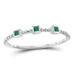 Womens Princess Emerald Beaded 3-stone Stackable Band Ring .03 Cttw 10kt White Gold - REF-5R9X