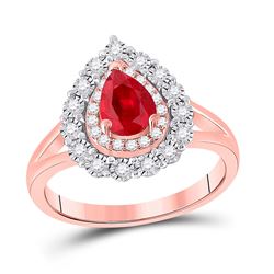 Womens Pear Ruby Teardrop Diamond Halo Ring 1-1/4 Cttw 14kt Rose Gold - REF-52M9H