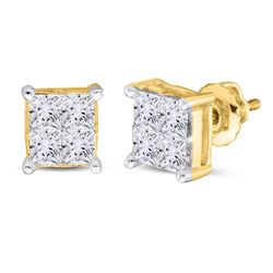 Womens Princess Diamond Square Cluster Stud Earrings 1 Cttw 14kt Yellow Gold - REF-79N5F